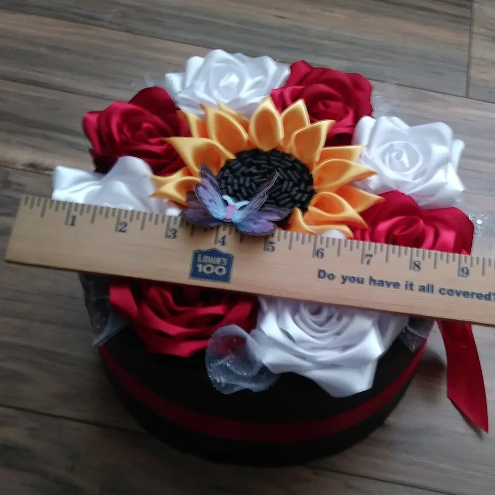 Satin Ribbon Eternity Roses Handmade Rose Box Floral Arrangement (Round BlackBox